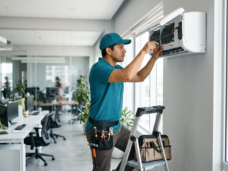 Técnico realizando mantenimiento a un sistema de aire acondicionado