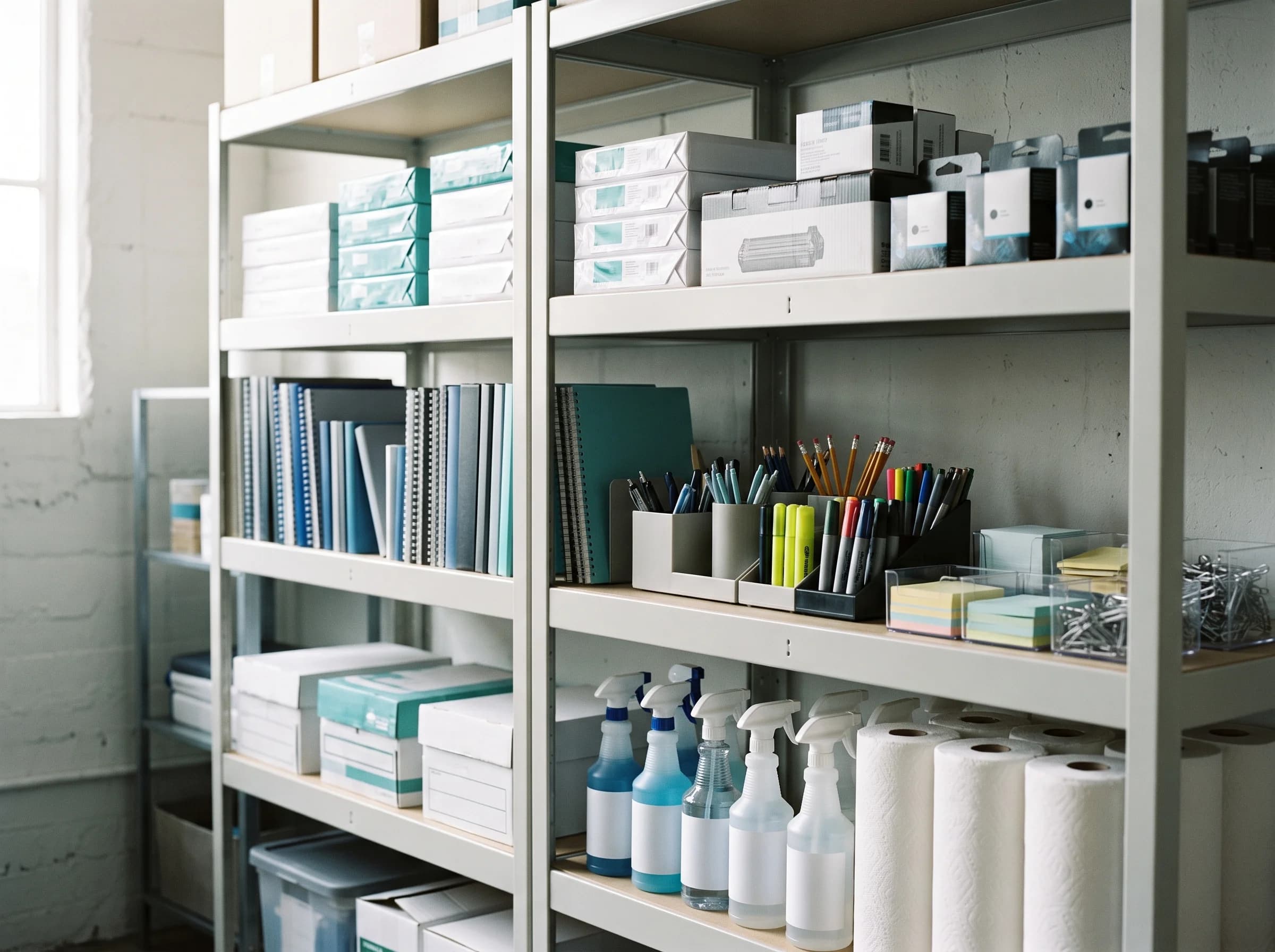 Estantes con suministros de oficina organizados: carpetas, cajas y materiales de limpieza